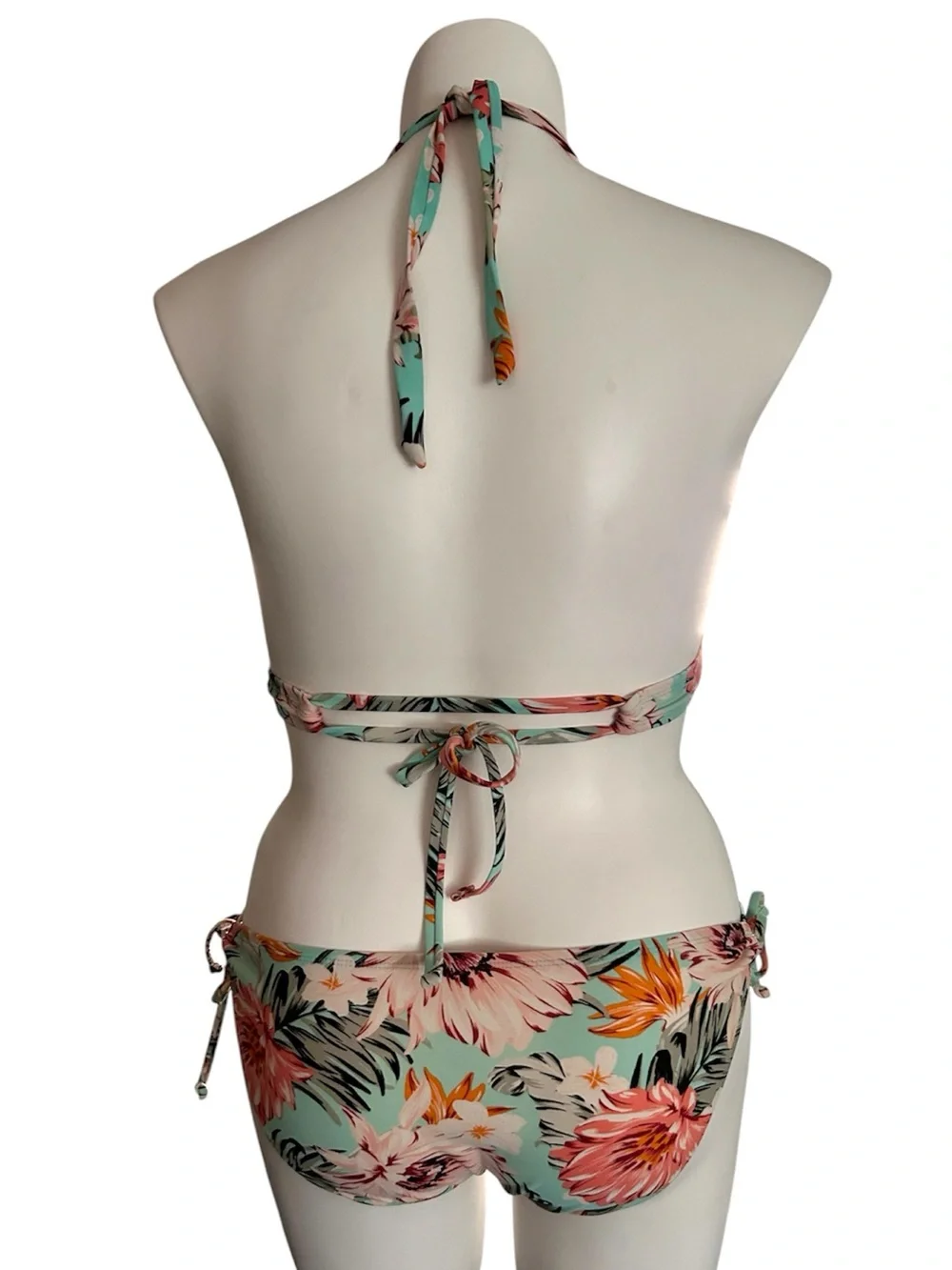 Kona Sol Triangle Bikini Floral Print Aqua Pink White Halter Top EUC Sz XL
